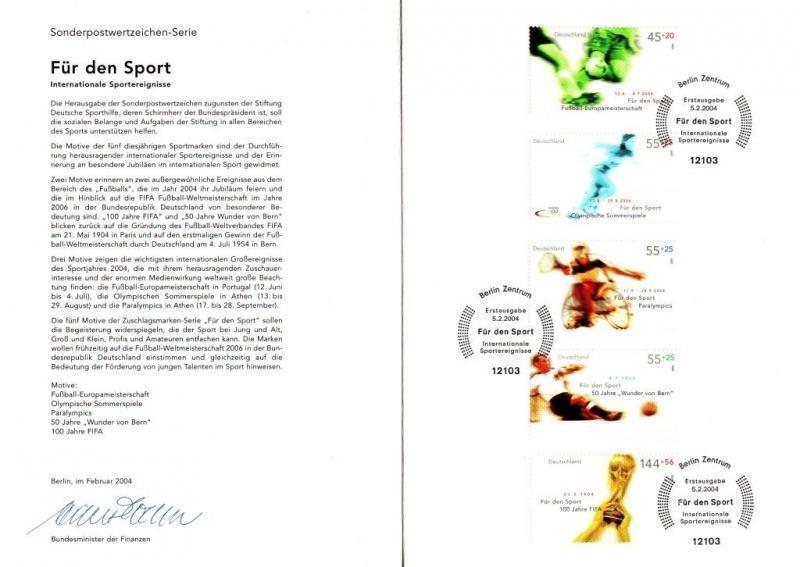 Germany: MiNr. 2382 – 2386, „Sporthilfe 2004: Fußball-EM“, Minister Card
