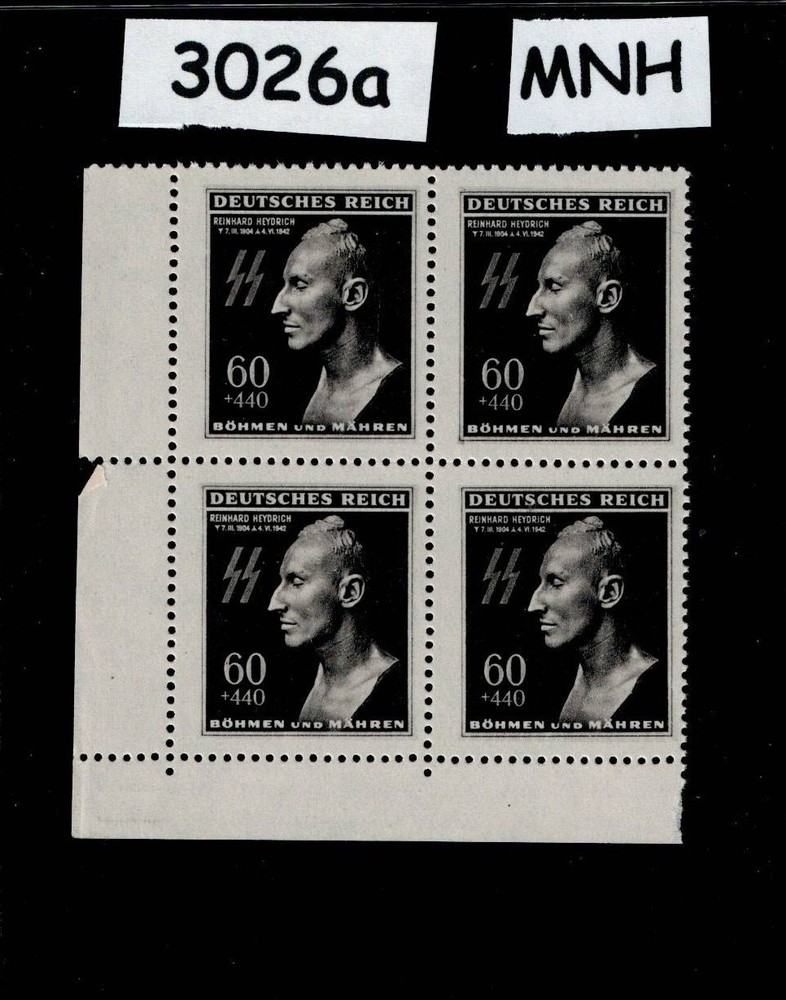 MNH Stamp Block Sc B20 Heydrich Hitlers Hangman 1943 Germany Occupation #3026a