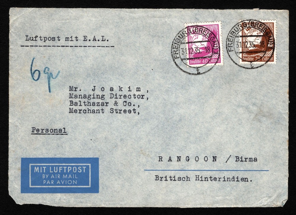 OPC 1935 Germany Freiburg to Rangoon Burma Air Letter Front Sheet only 47639