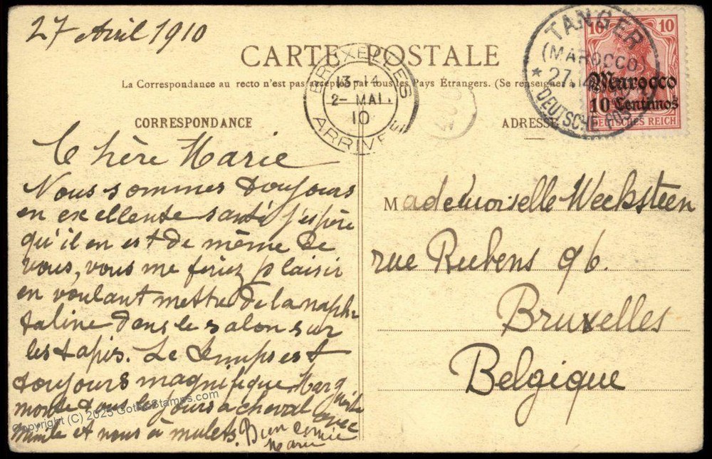 Germany 1910 Tanger Morocco Offices Cover To Brussels Belgium 82758