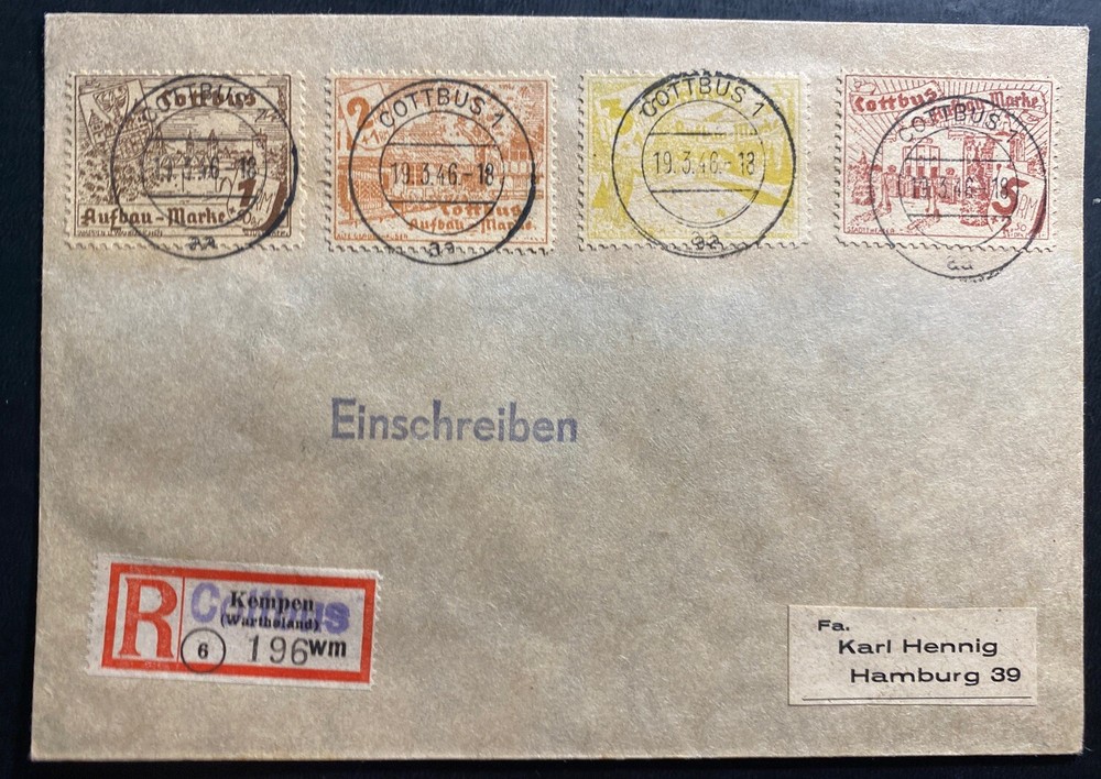1946 Cottbus Germany Local Stamp issue Post War Registered Cover To Hamburg