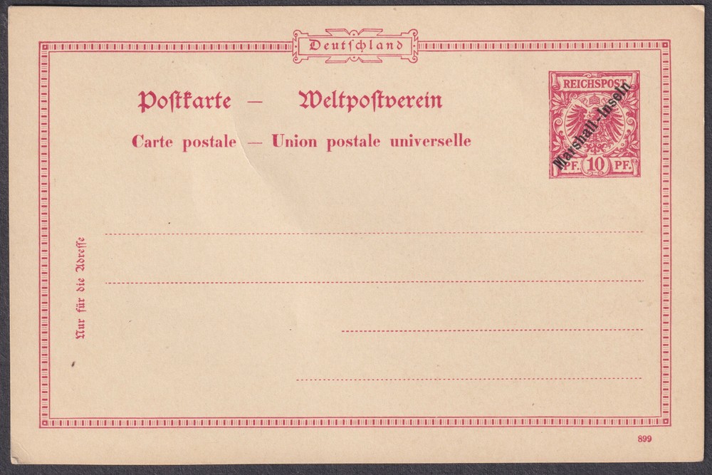 Reichspost 10pf Stationery Postcard; Marshall-Inseln overprint;Mint,minor crease