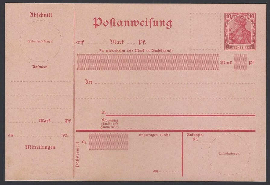 Germany 1903 10pf red/rose Postal order unused. Michel A25