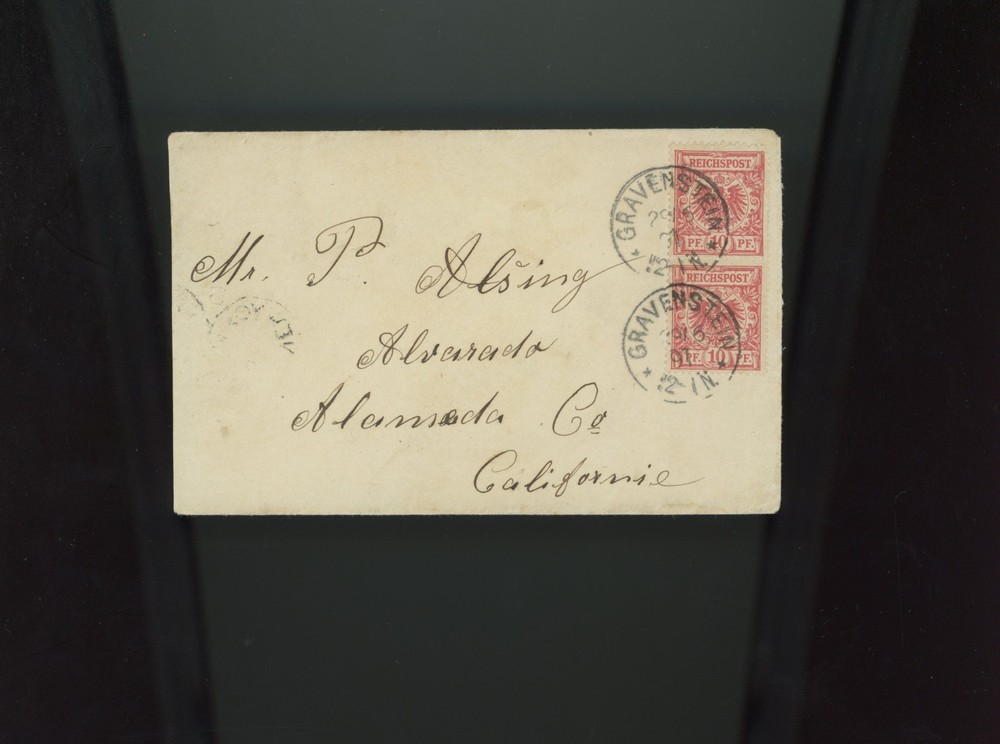 germany Mi 47 10c vertical pair to alameda california 1897 y