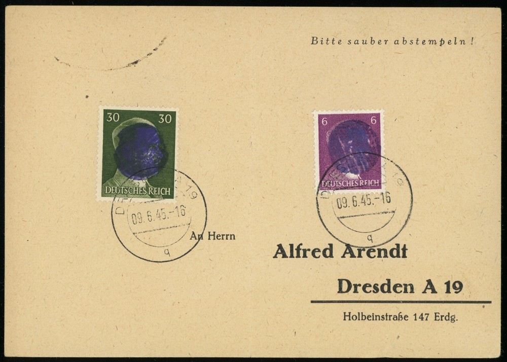German Occupation 1945 Dresden Local Provisional Issue Hitler Overprint Cover