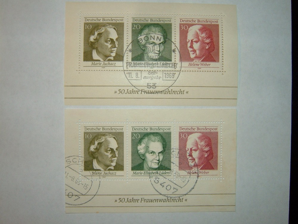 1969 WEST GERMANY WOMEN’S SUFFRAGE STAMPS SHEETS x 2 VFU & FDI PMKS (sgMS1499)