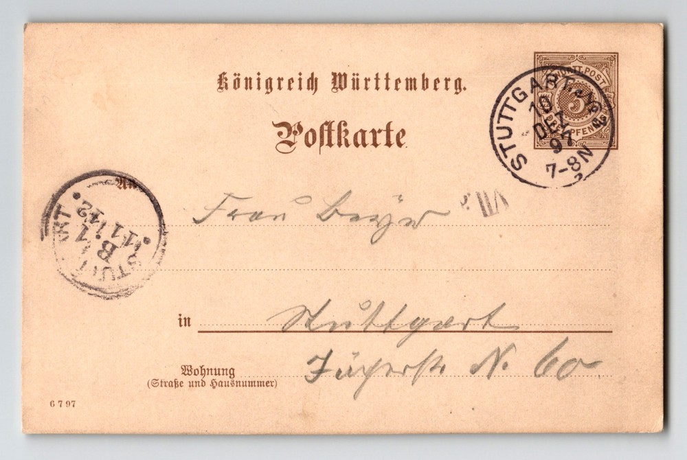 Wurttemberg 1897 3pf Postal Card Used – Z13540