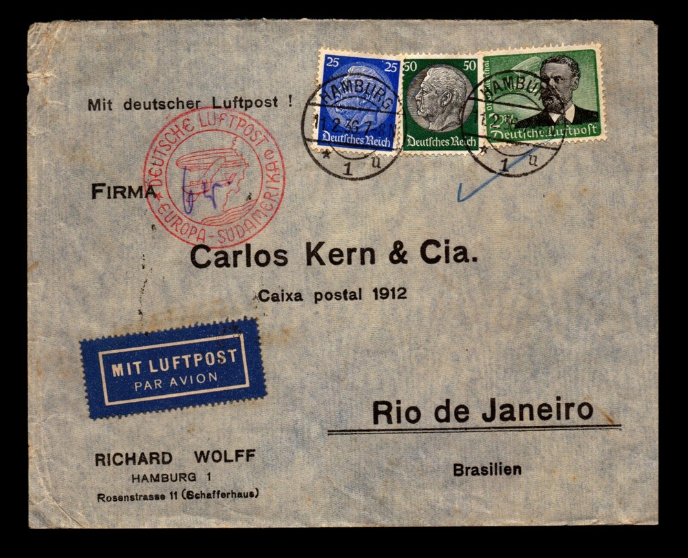 Germany Airmail Feb 1936 to Brazil / 3 Mark – L17385