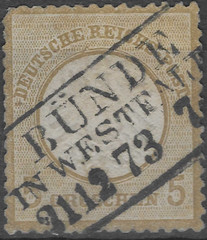 GERMANY 1872. 5g. BISTRE, GOOD USED. SHORT CORNER TOP-LEFT. SG. 22. (C579)