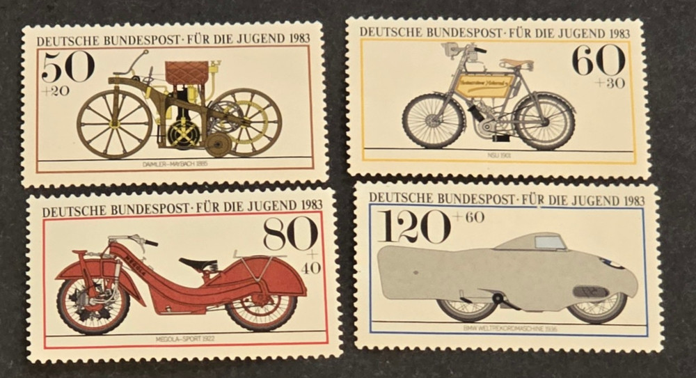 1983 Für die Jugend Motorcycles Moped Bicycle German Stamp Set 🇩🇪 Daimler BMW