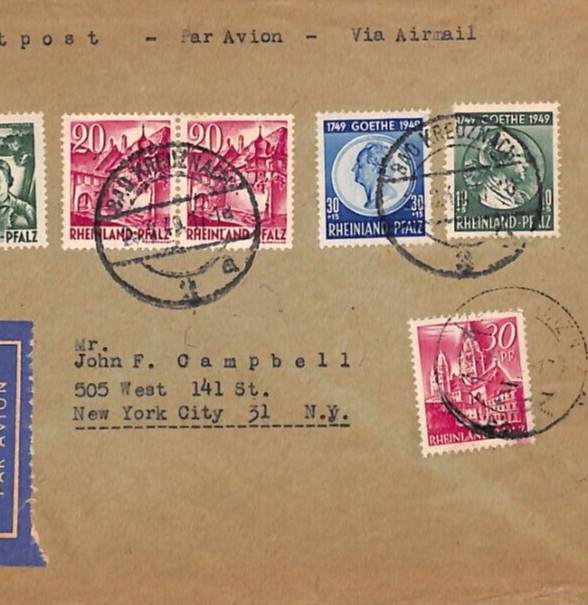 Germany RHEINLAND-PFALZ *Goethe* 1949 Air Mail Cover Bad Kreuznach USA NY YG236