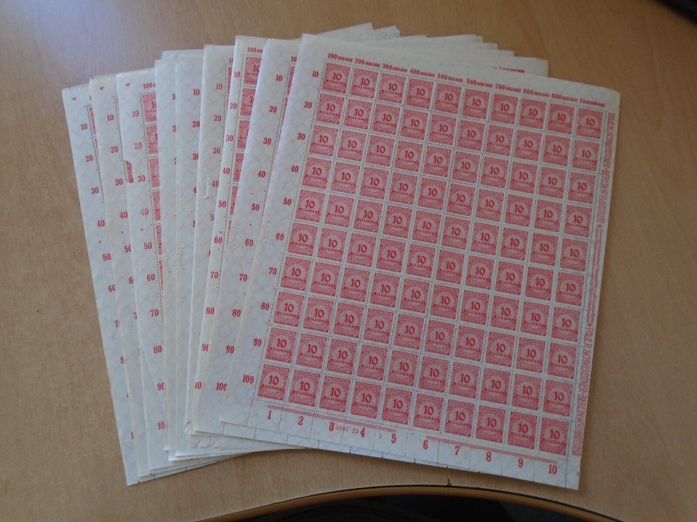 Germany – SG320 10M DM scarlet 1923. 10 x complete sheets of 100 stamps.
