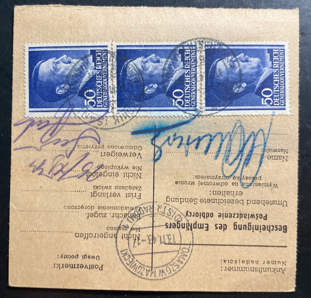 1943 Rudnik Germany Parcel Receipt Registered Cover To Tomarszow