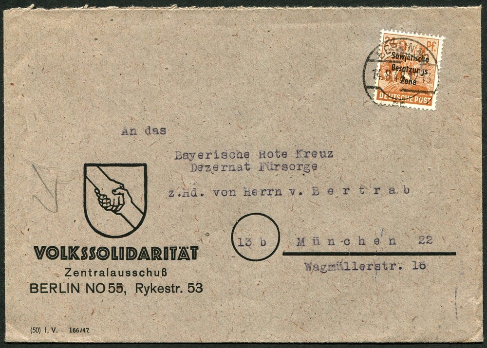 Germany Berlin Soviet Occupation Zone 1948 Commercial Cover Munich 24pf Postage