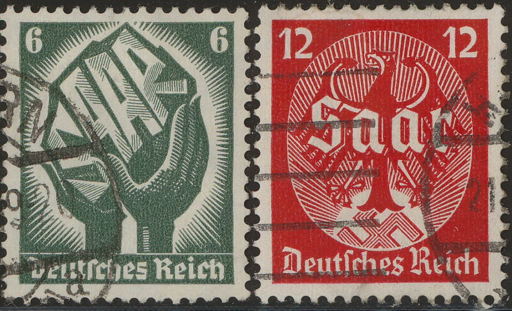 Stamp Germany Mi 544-5 Sc 444-5 1934 WWII Fascism Saar Land Eagle Coal Used