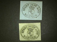 Bremen 1861 + black on blue stadt post amt stamp and black on white $14.99