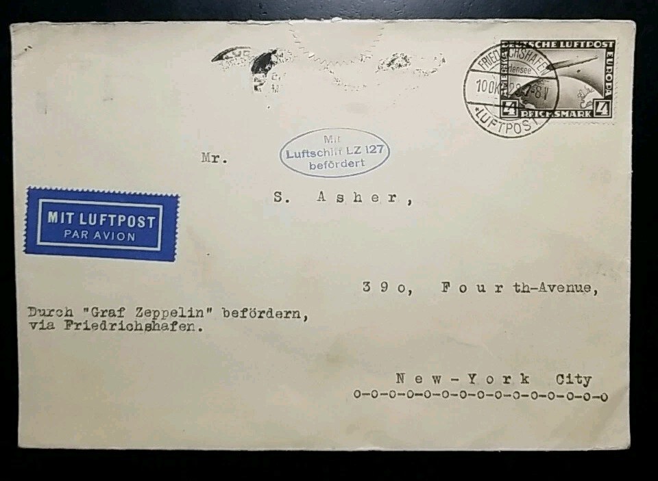 1929 LZ-127 Graf Zeppelin Flown to US Germany Stamp #C37 4R Air Mail Cover