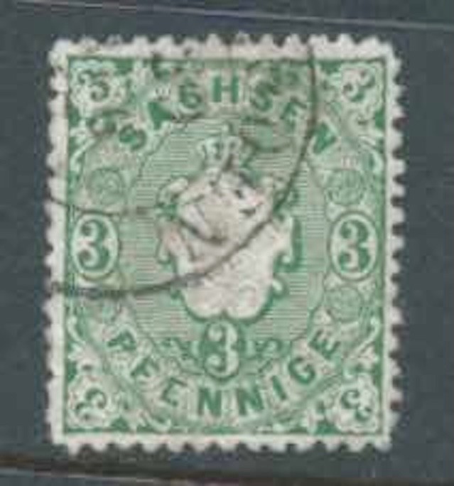 SAXONY 1863-7 SG31 3pf Green To Blue-Green Arms Embossed Fine Used Catalogue £65