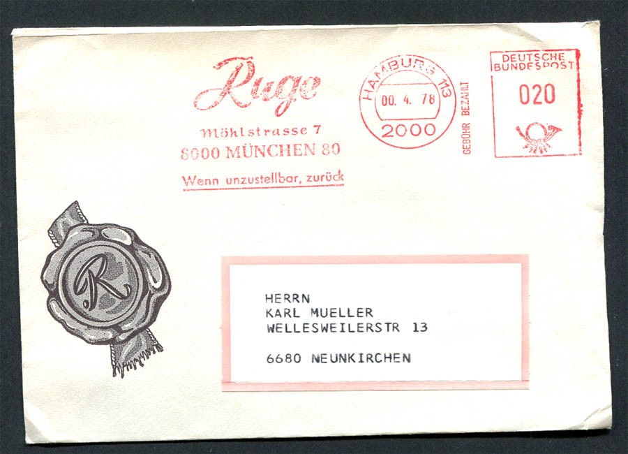 Germany – BRD : Interesting cover from Hamburg 113 (00.4.78) – machine franking
