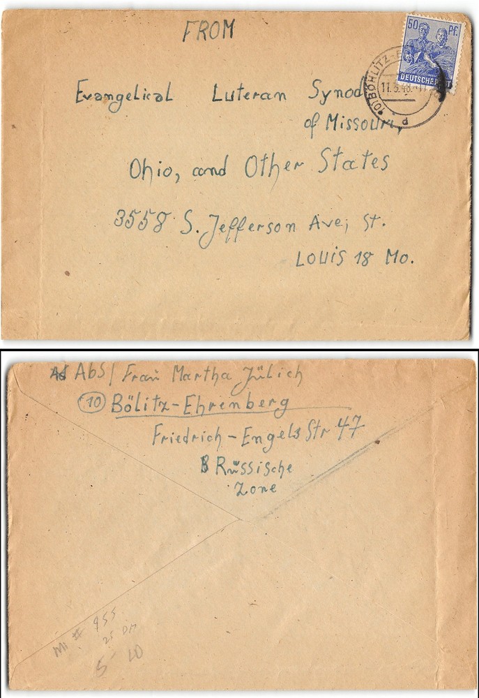Germany Mi#955 1948, Lutheran church, Bolitz-Ehremberg to St. Louis MO