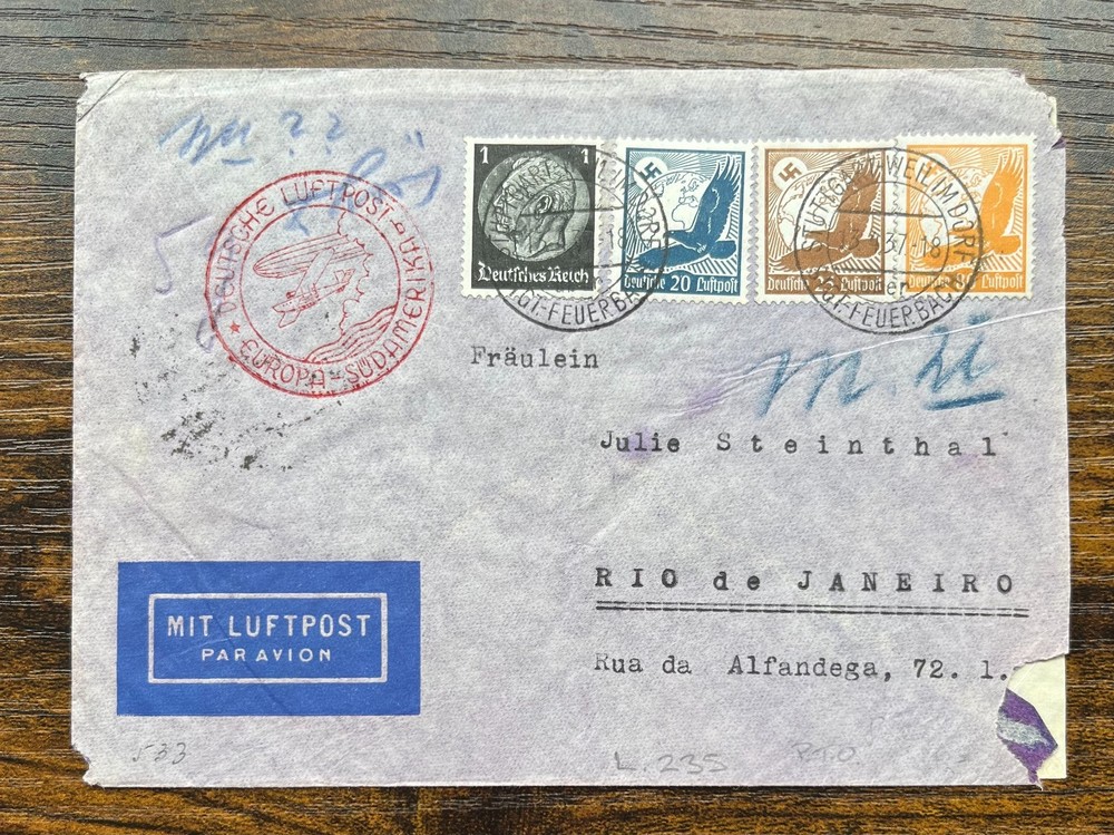 1937 Germany Airmail Cover ✉️ Weilimdorf – Rio de Janeiro – Brazil – Michel 526
