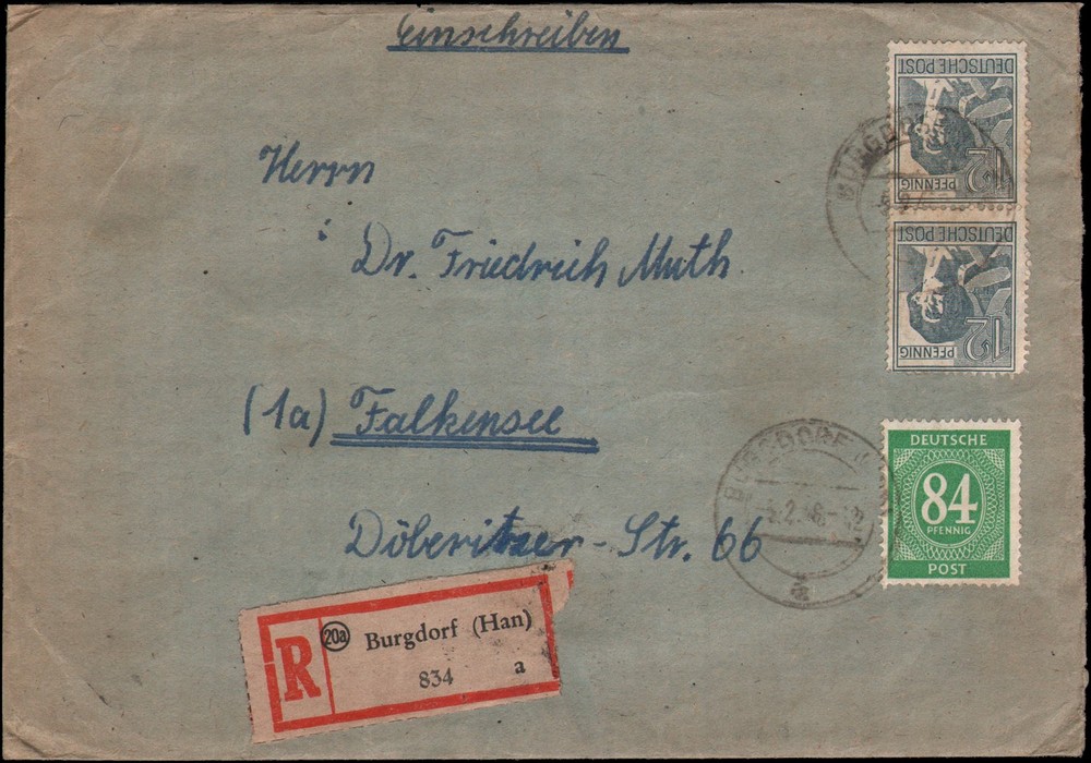 Germany Michel #936, 947 Burgdorf, registered, 1948
