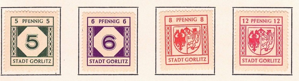 Gorlitz – 1945 Mi. 13-16, Numeral & City Crests on yellowish paper, MH