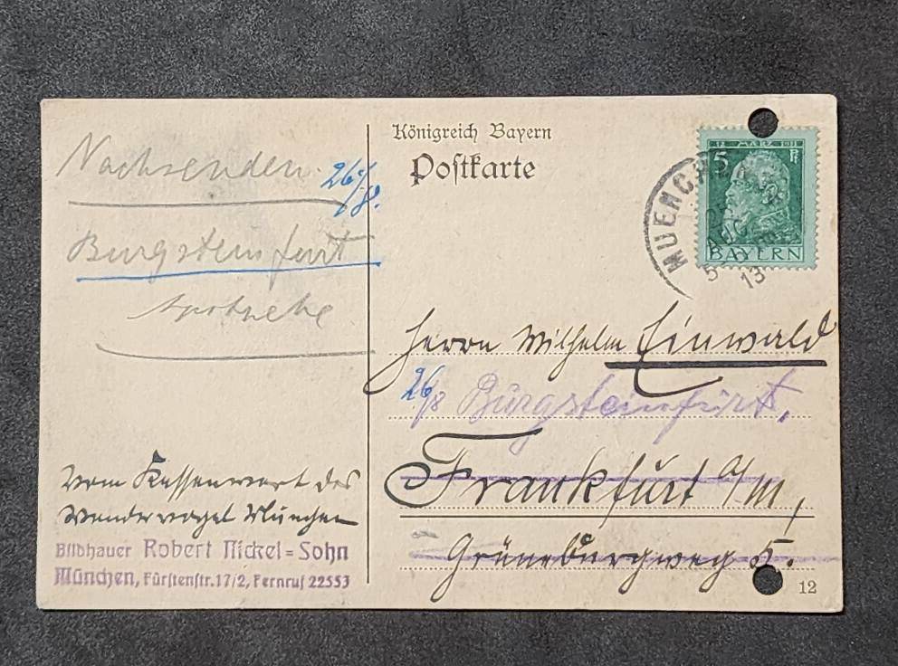 German Konigreich Bayern Postcard w stamp MUNCHEN – Frankfurt 1913