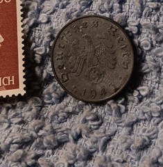 1943 German 10 Pfenning ~ km#101 , WW2 Germany ~ + 60pf. Stamp