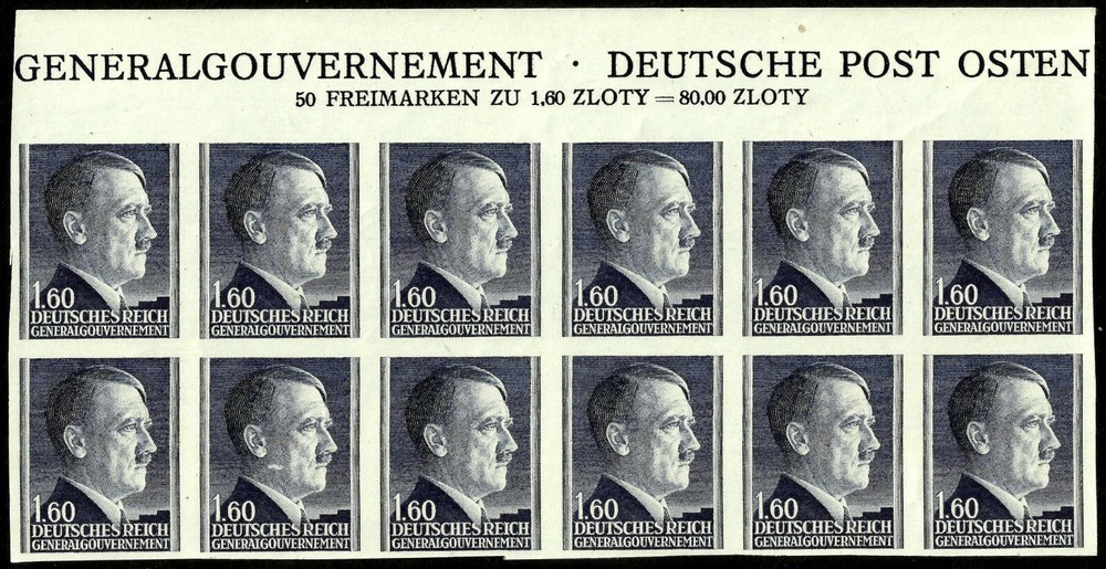 III REICH, GENERALGOUVERNEMENT, ADOLF HITLER, 160 GR., UNPERF., BLOC OF 12, MNH