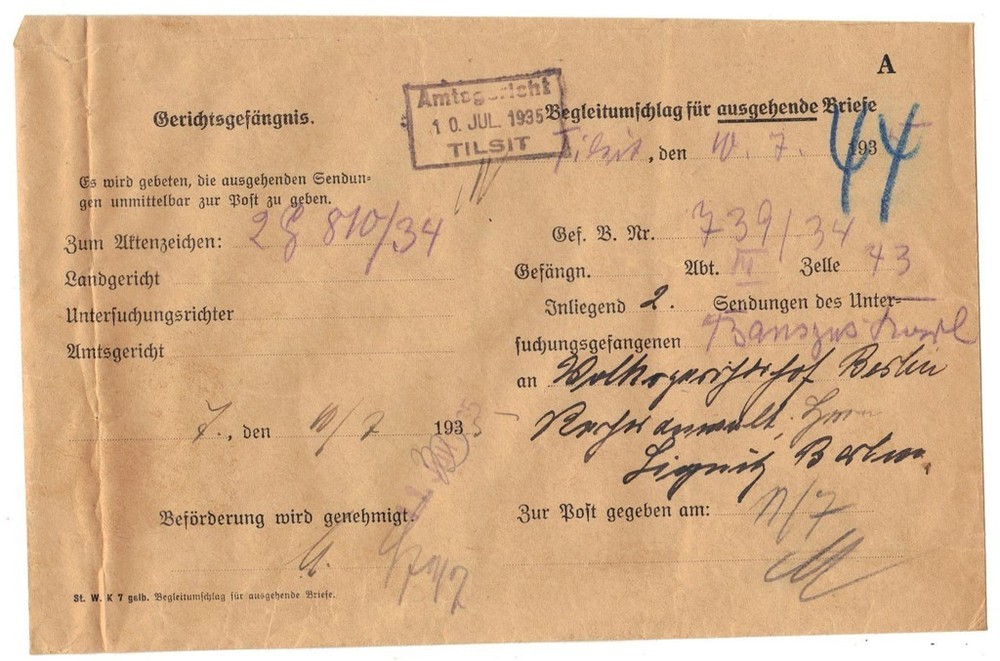 GERMANY 1935 TILSIT MEMEL PRISON BEGLEITUMSCHLAG CVR OUTGOING MAIL FROM CELL #43