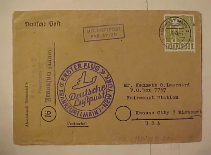 GERMAN PEACE DOVE SINGLE #959 cat.250E($287.00) FLIGHT 1948 MAY 1 CACHETED