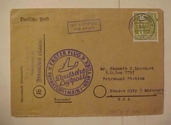 GERMAN PEACE DOVE SINGLE #959 cat.250E($287.00) FLIGHT 1948 MAY 1 CACHETED