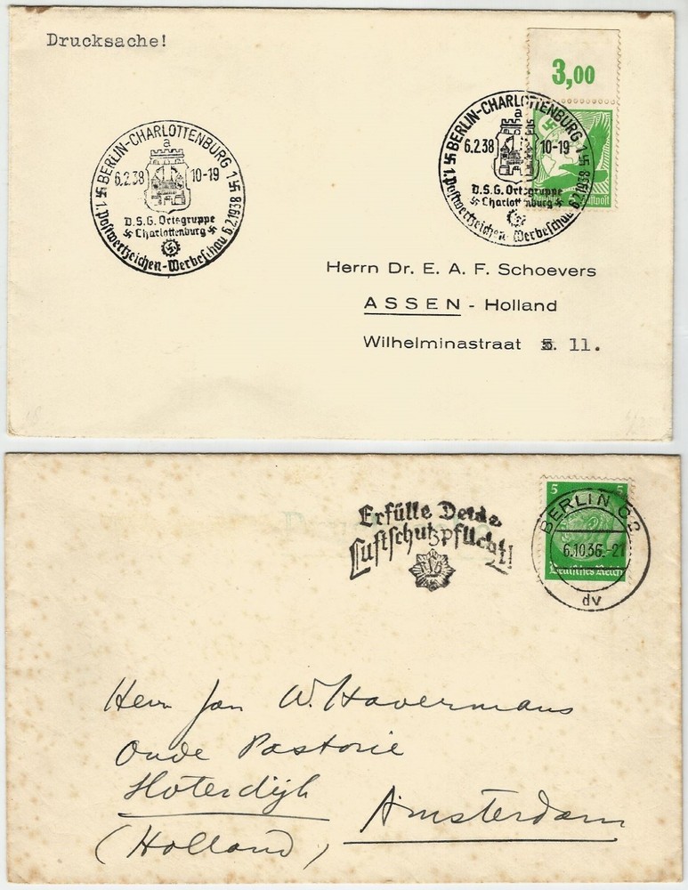 Germany 2 covers 1936-38, one with marginal copy of the 5pf 1934 issue with a sp