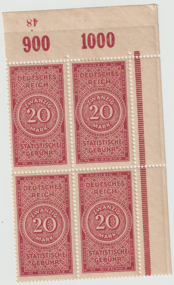 Germany 1900-20s Weimar Republic Custom Duty 20MK Revenue Corner Block Of 4 MNH