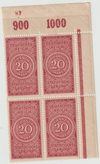 Germany 1900-20s Weimar Republic Custom Duty 20MK Revenue Corner Block Of 4 MNH
