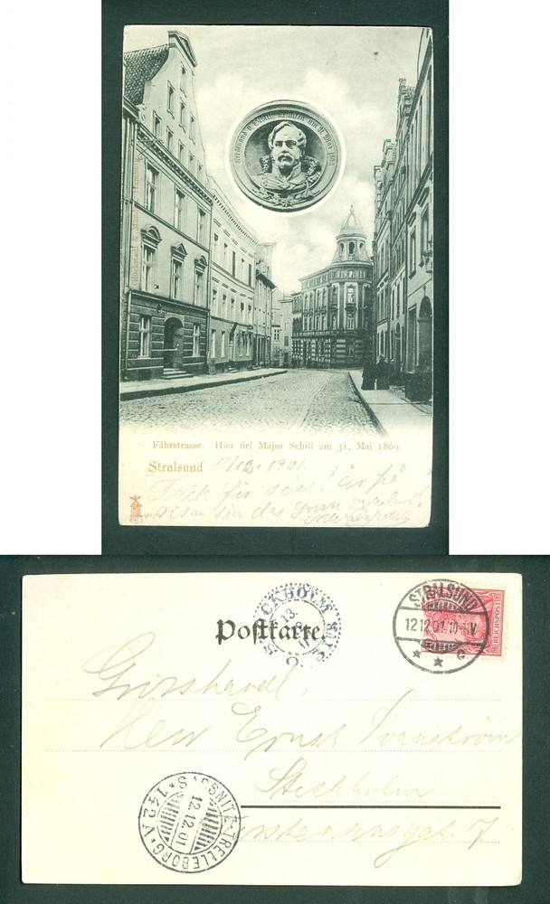 Germany. 1901 Postcard,Stationery. 2 Ship Cancel. Stralsund. Major Schill 1809.