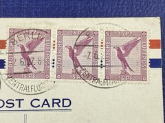1927 Early Germany airmail Postcard, 15PF X 3, Light Cancels, Berlin to New York