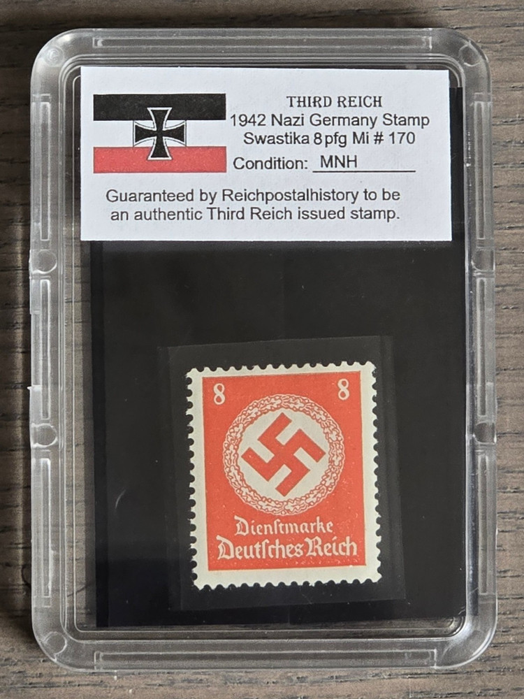 Third Reich WWII Nazi German Swastika NSDAP Stamp w Hard Slab Case 8Pfg Mi# 170