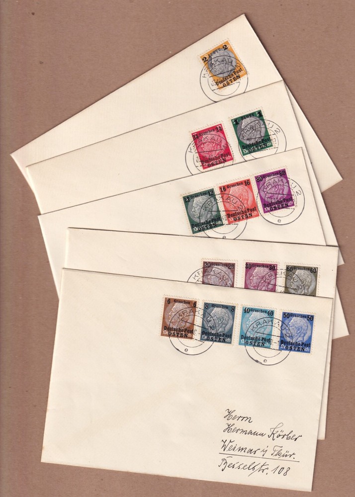 Poland OSTEN Overprints – Set-14 – on 5 Matched postmarked Krakau 3 OCTOBER 1940