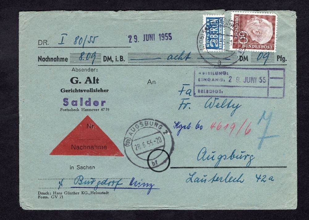 Bund Heuss single franking Michel number 190 COD to Augsburg 1955