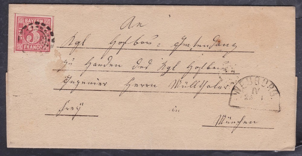 Bavaria SG 23 on Cover NEUBURG to MUNICH in 1863 – Open Mill Wheel 381 Cancel