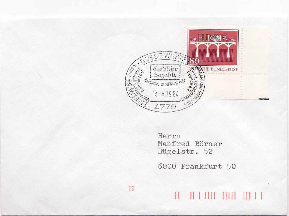 Germany 1984 Event Cover INFLA ’84 Soest Special Cancel #1416 Europa Stamp
