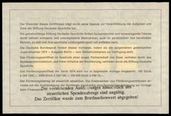 GERMAN SPORTS AID OLYMPIC COMMITTEE CERTIFICATE 1974 z1950