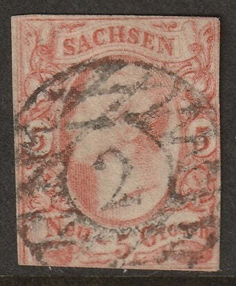 Saxony 1856 Sc 13 used „2“ (Leipzig) cancel orange red