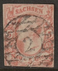 Saxony 1856 Sc 13 used „2“ (Leipzig) cancel orange red