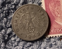 1940 German 10 Pfenning ~ km#101 , WW2 Germany ~ + 6pf. Stamp, Has Flaws