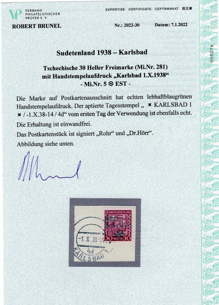 GERMANY OCC SUDETENLAND KARLSBAD MICHEL 5 FIRST DAY PERFECT USED CERT BRUNEL