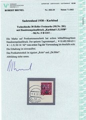 GERMANY OCC SUDETENLAND KARLSBAD MICHEL 5 FIRST DAY PERFECT USED CERT BRUNEL