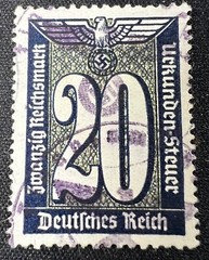 1940s German Revenue Stamp – 20 Reichsmark URKUNDEN-STEUER – Nazi Eagle & Cancel